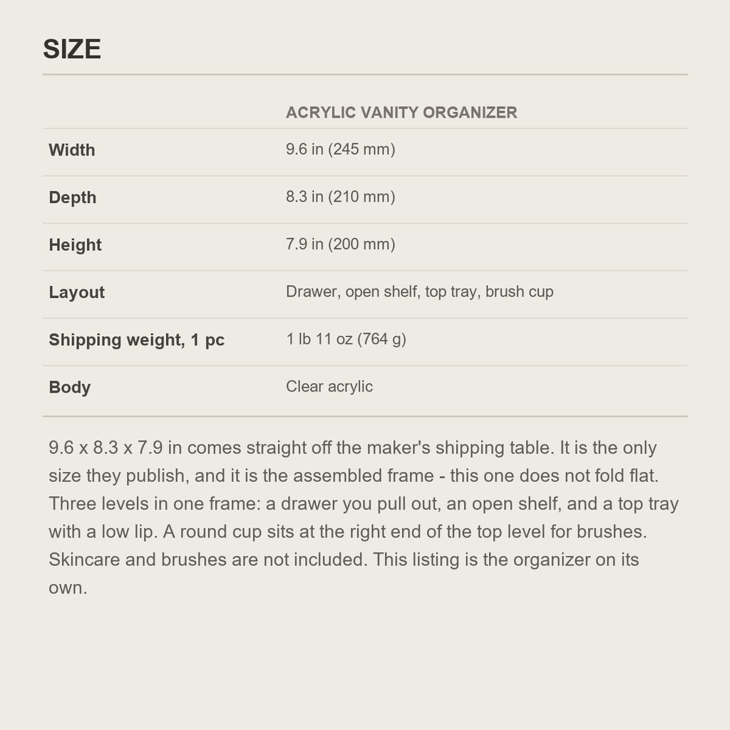 Size guide for the acrylic vanity organizer showing width, depth, height and packed weight in inches
