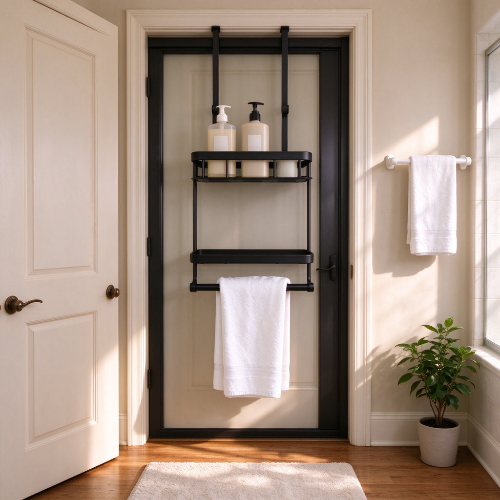 Two-tier over-the-door caddy on a bathroom door, bottles on the upper shelf, towel below