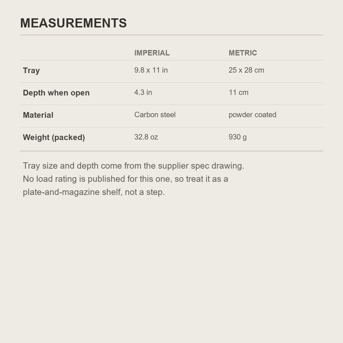 Size chart for the fold-down shelf - 9.8 x 11 in tray, 4.3 in deep