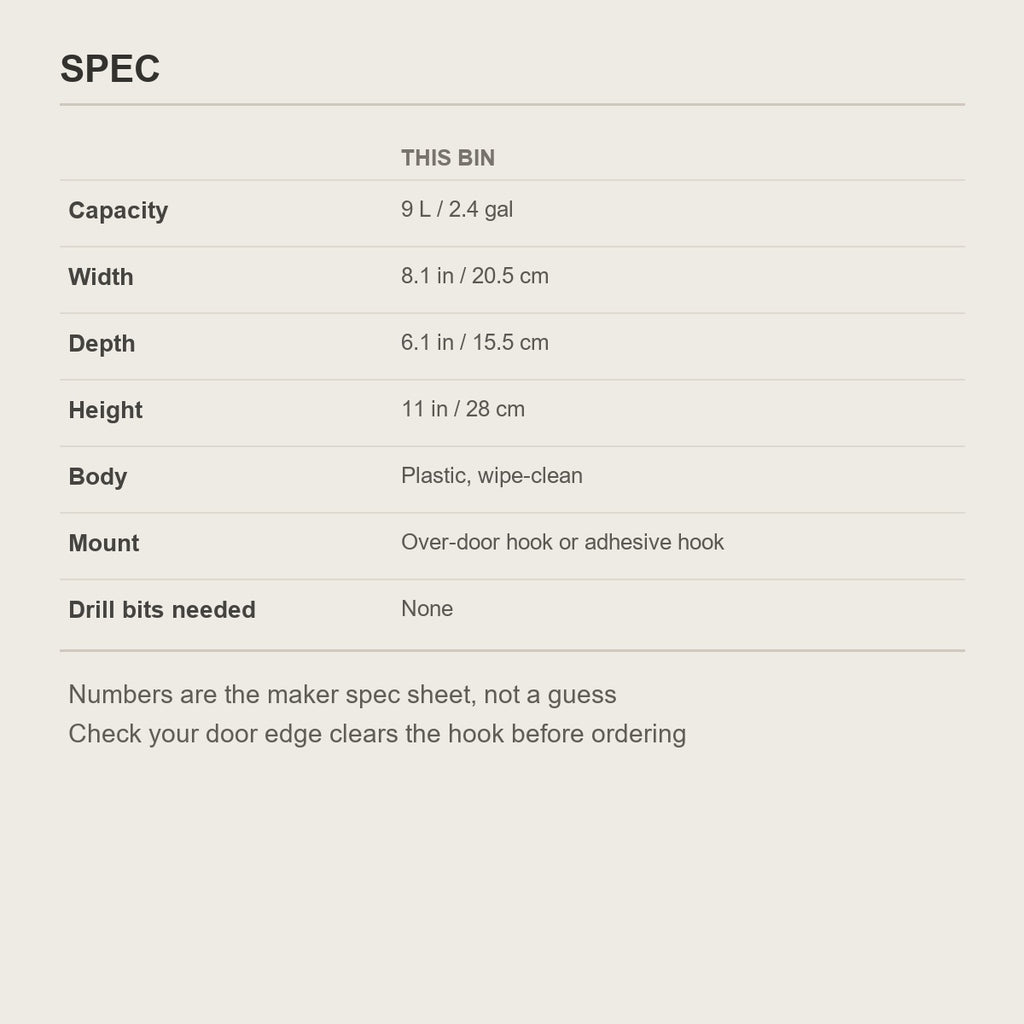 Size chart for the hanging trash bin - 9 litres, 8.1 by 6.1 by 11 inches