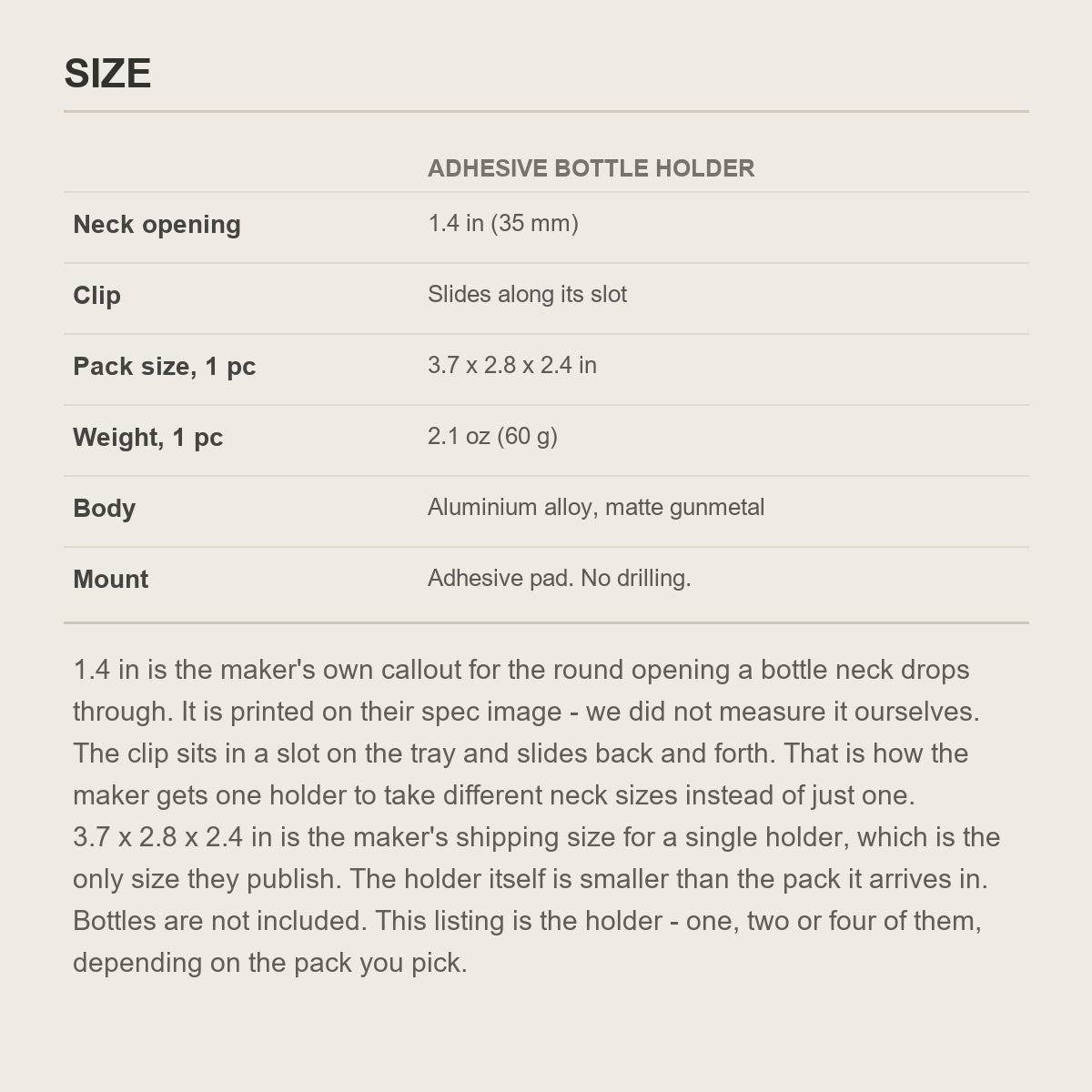 Size guide for the adhesive wall bottle holder showing the neck opening and pack size in inches