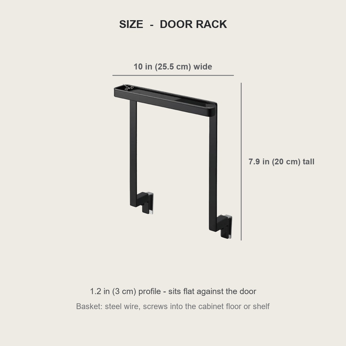 Door rack dimensions - 10 in wide, 7.9 in tall, 1.2 in deep
