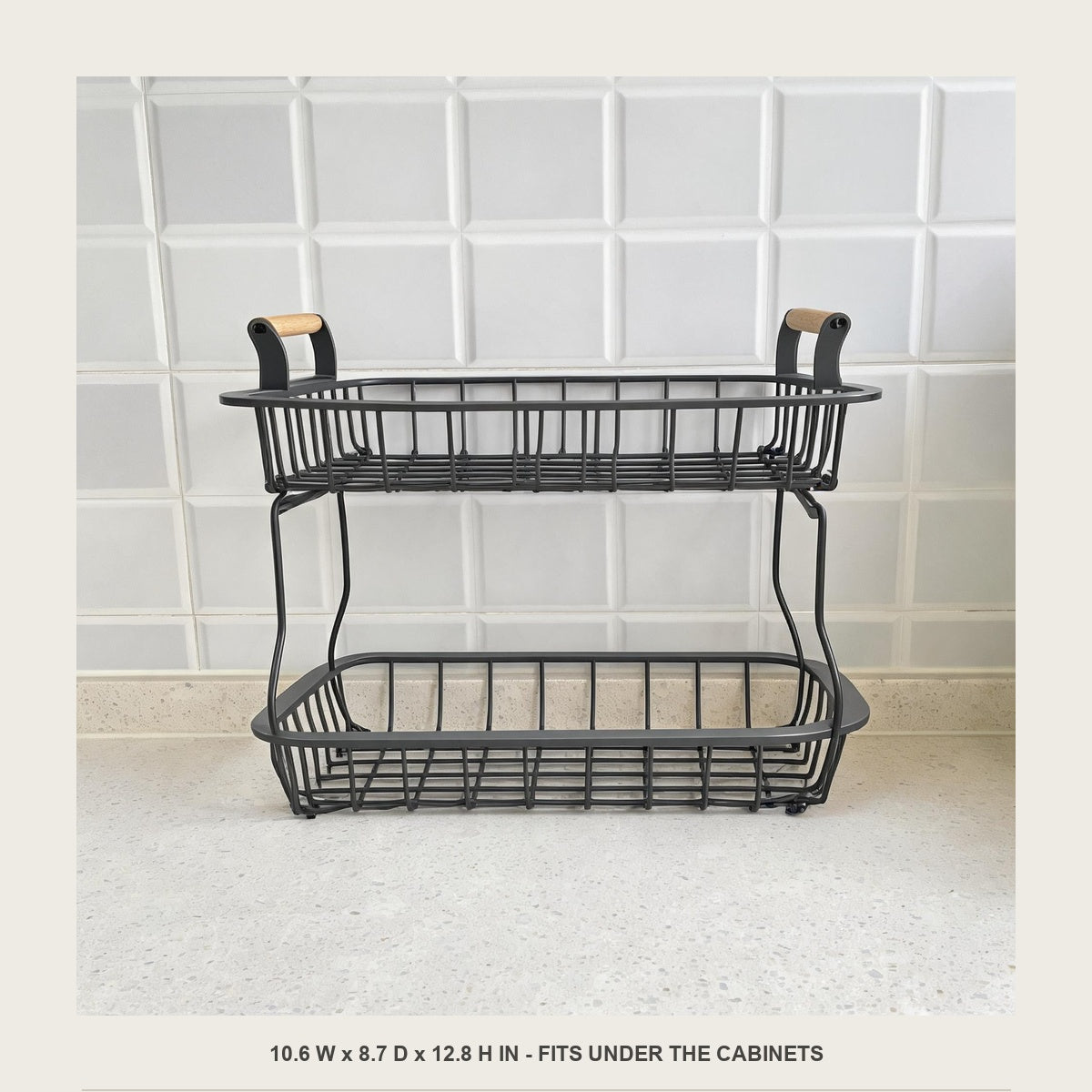 Front view of the empty two-tier wire basket showing its width and height