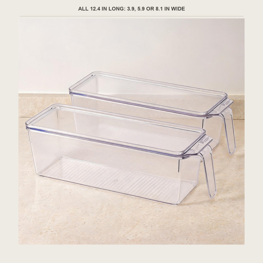 Size guide for the fridge bin - all 12.4 in long, three widths from 3.9 to 8.1 in