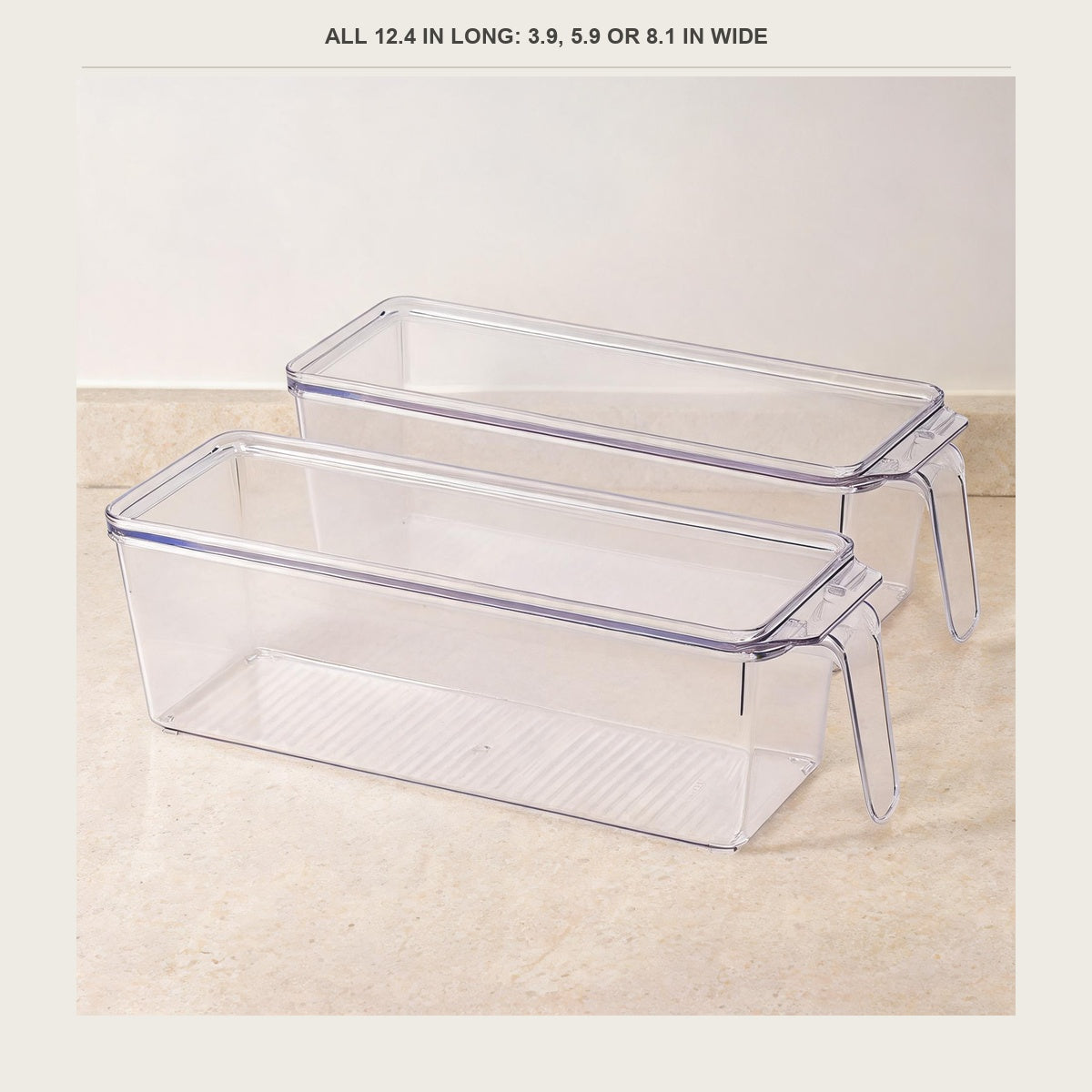 Size guide for the fridge bin - all 12.4 in long, three widths from 3.9 to 8.1 in
