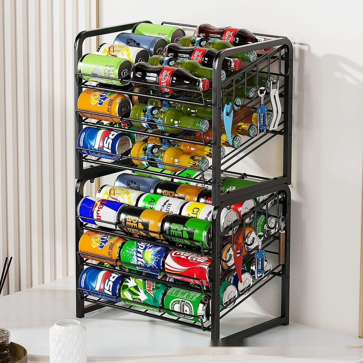 Two stackable can organizers doubling storage