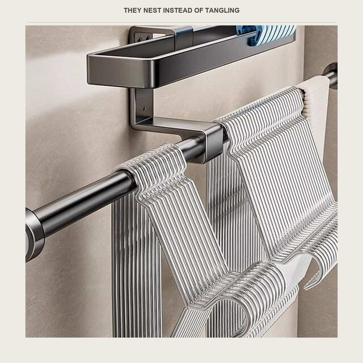 Hangers nested along the hanger holder bar instead of tangled in a bag