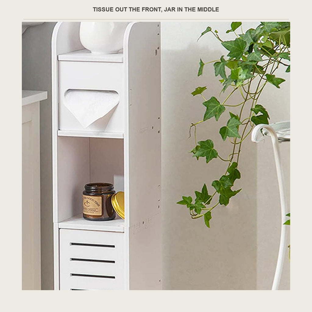 Tissue paper feeding out of the slot on the narrow bathroom cabinet