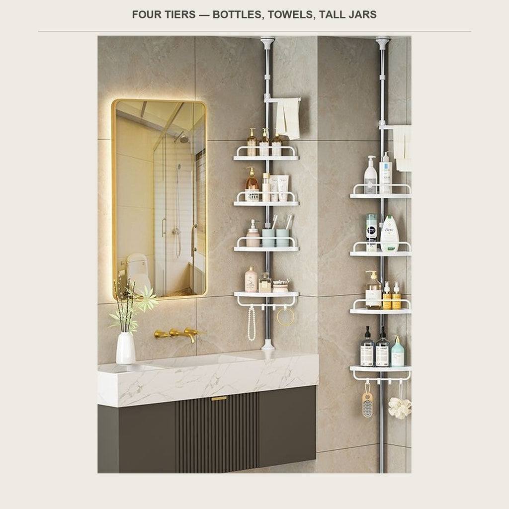 Four corner trays loaded with bottles, towels and tall jars beside a vanity
