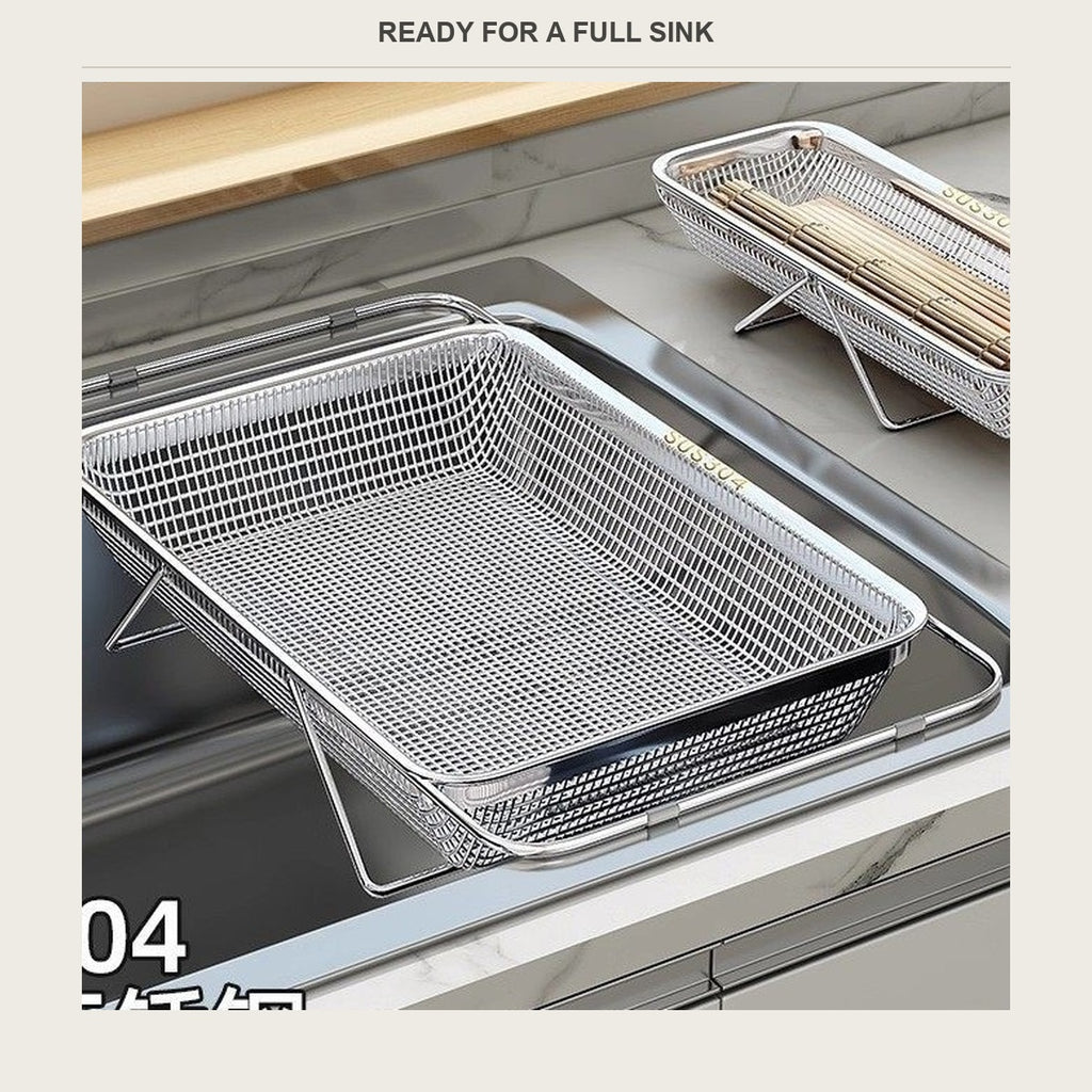 Basket loaded over a stainless sink with the counter left clear