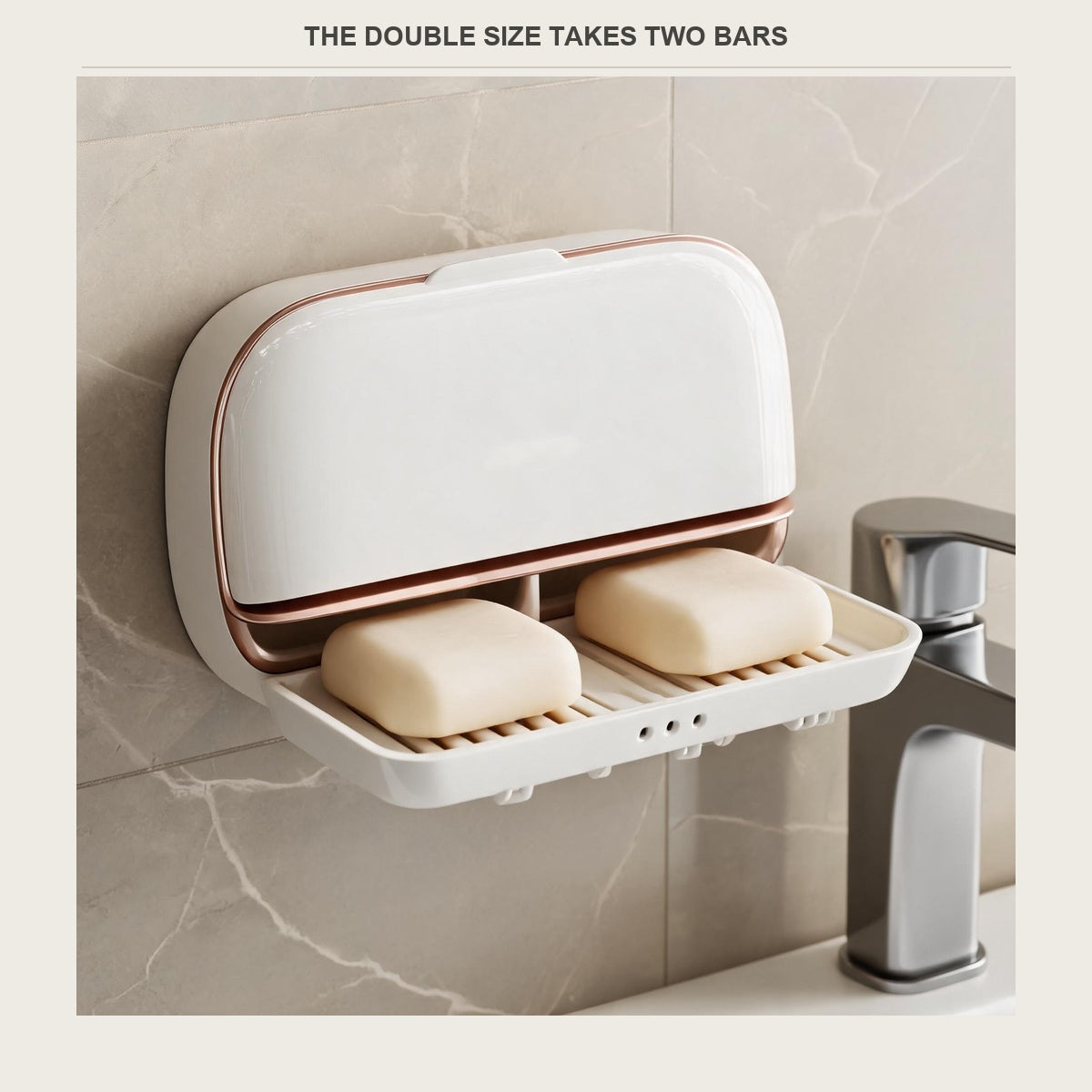 Two bars of soap sitting on the open drain tray of the double size