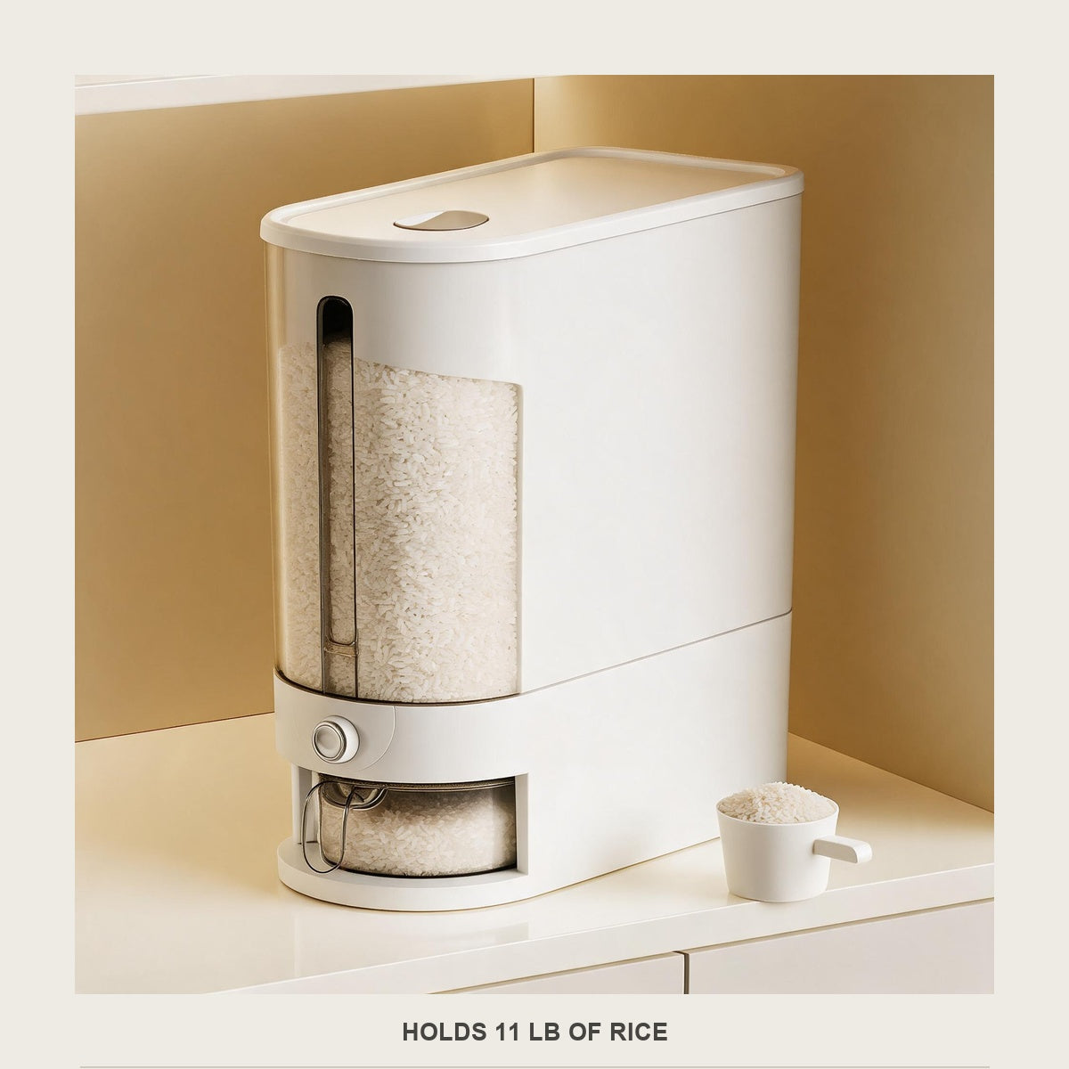 The rice dispenser filled to the window, with the included measuring cup of rice beside it