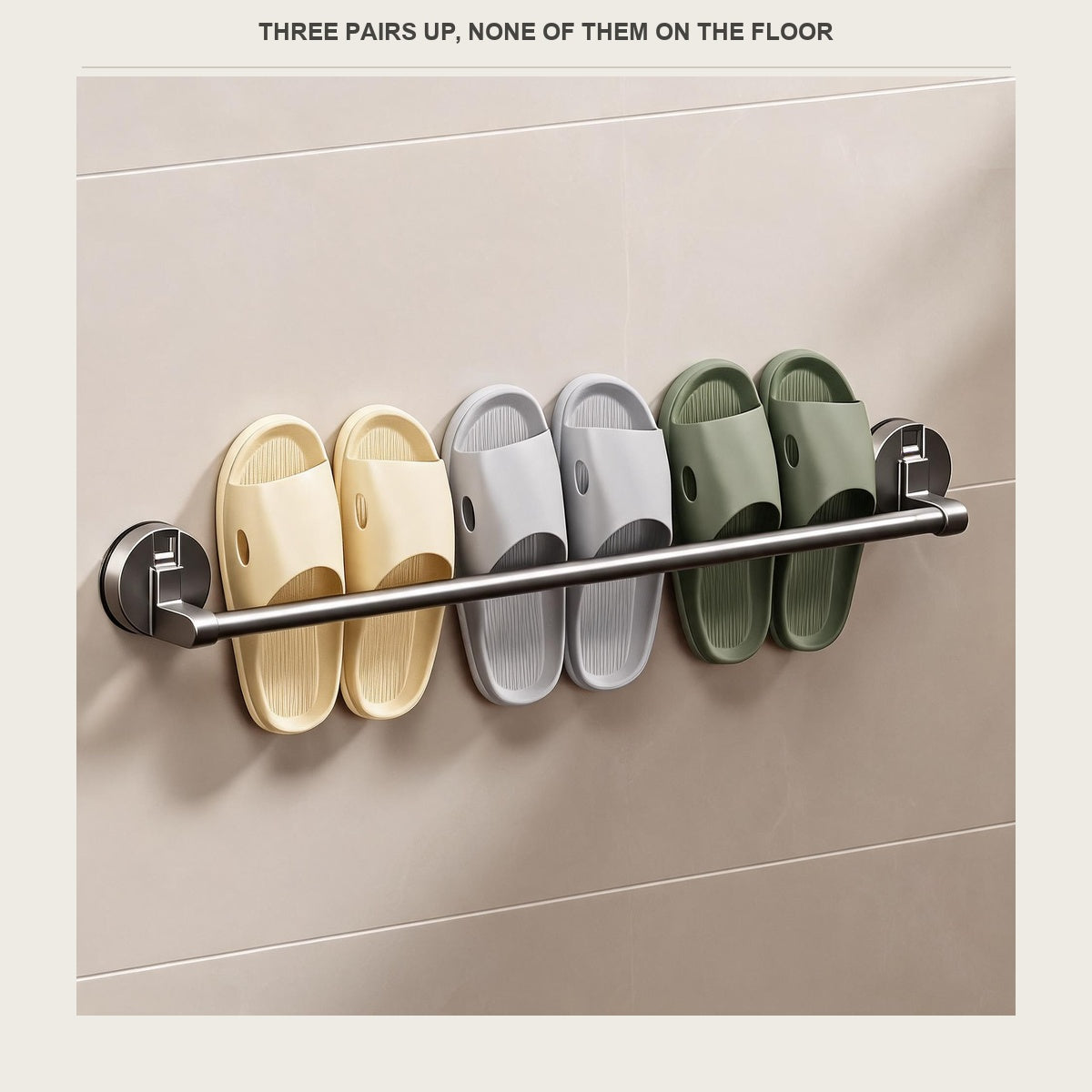 Three pairs of slippers lined up on the bar, all off the floor