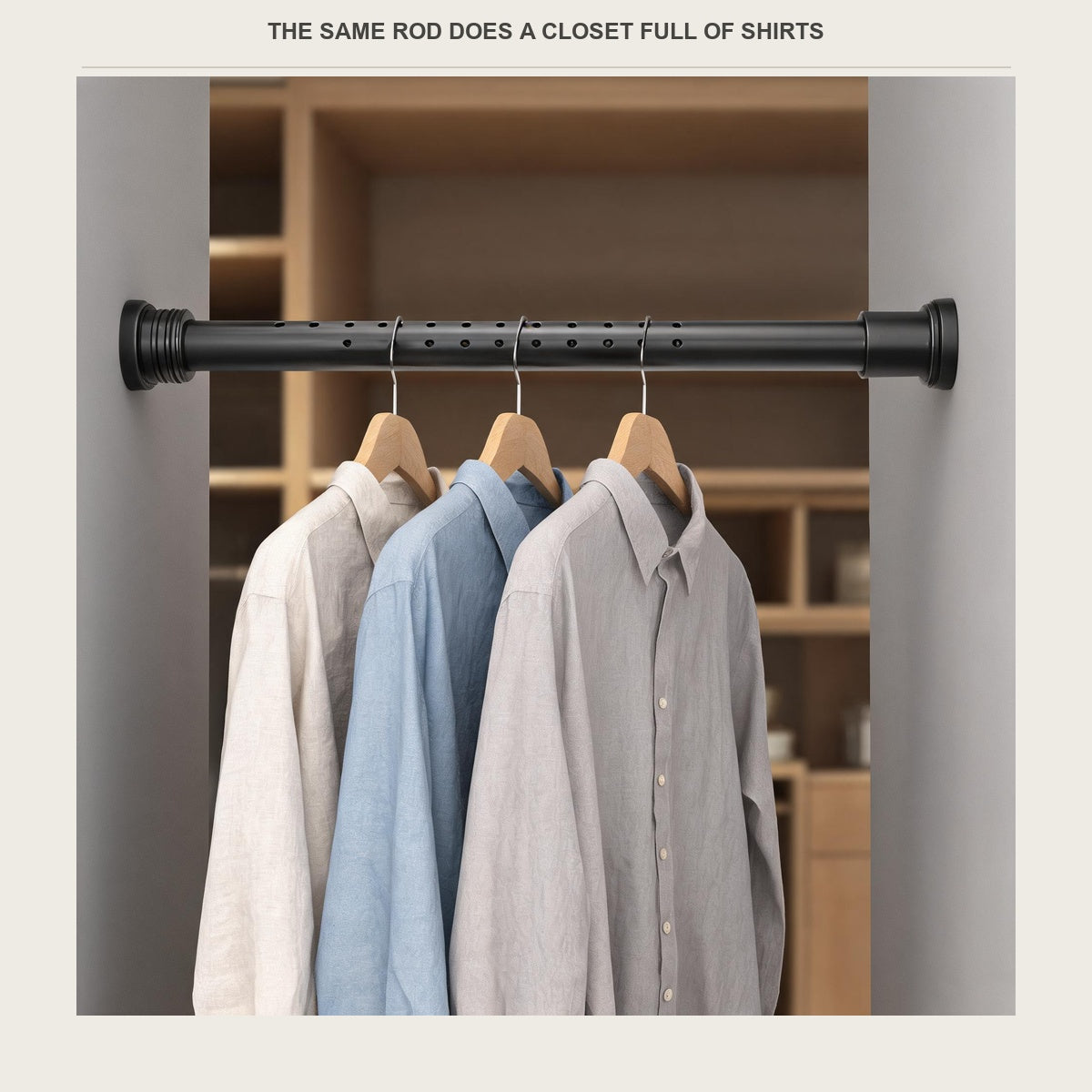 The tension rod used as a closet rod with shirts on wooden hangers