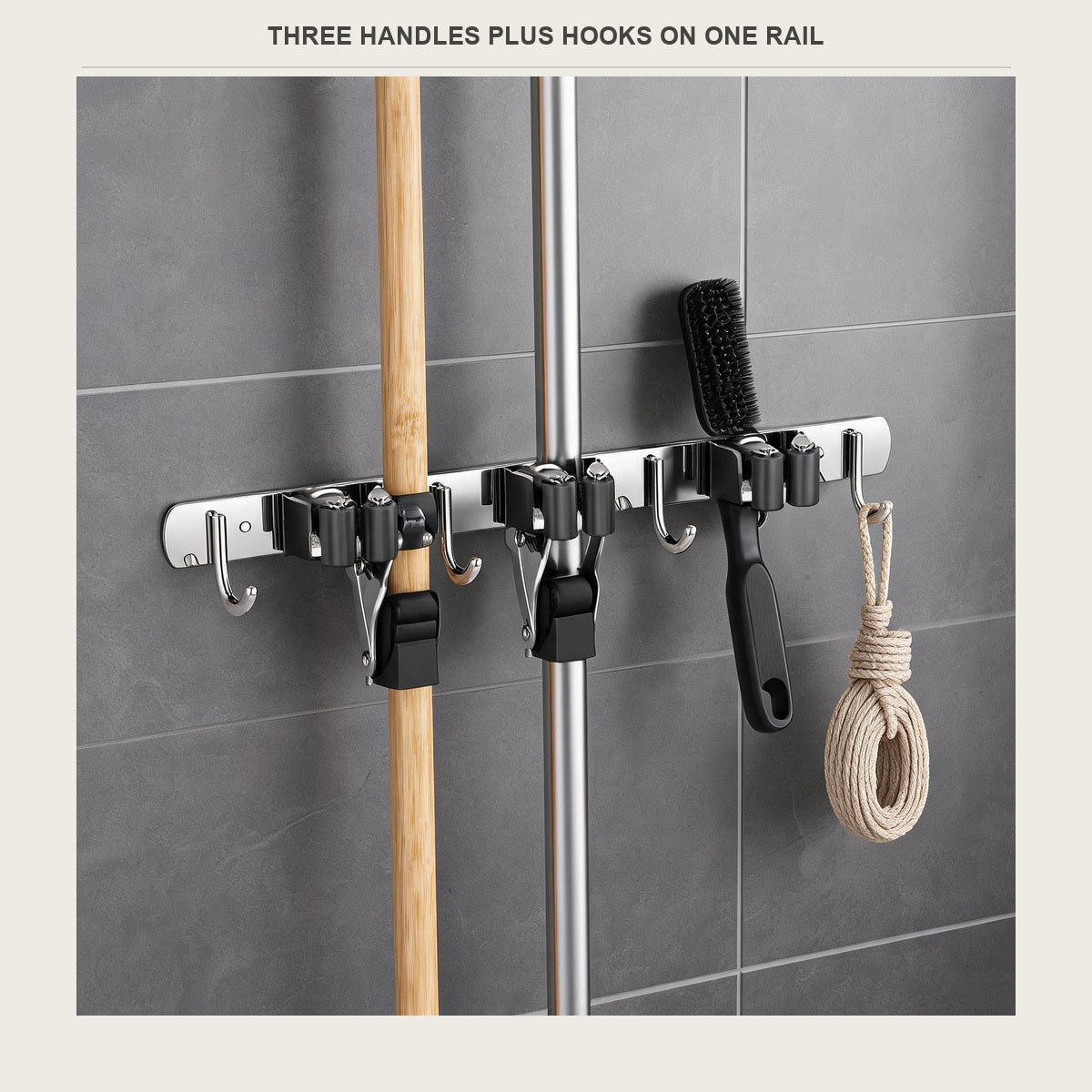 Three handles held on one rail, heads off the floor and drying