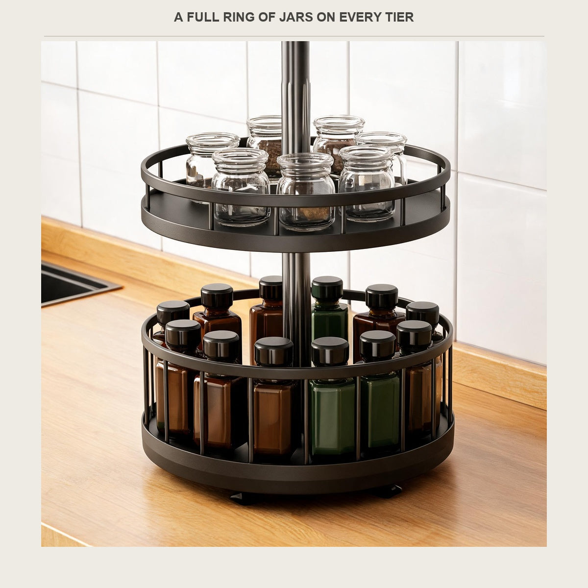 Both tiers of the rotating spice rack filled with small glass jars and bottles