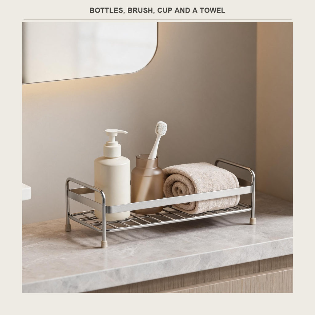 Wire rack loaded with a pump bottle, a brush, a cup and a rolled towel