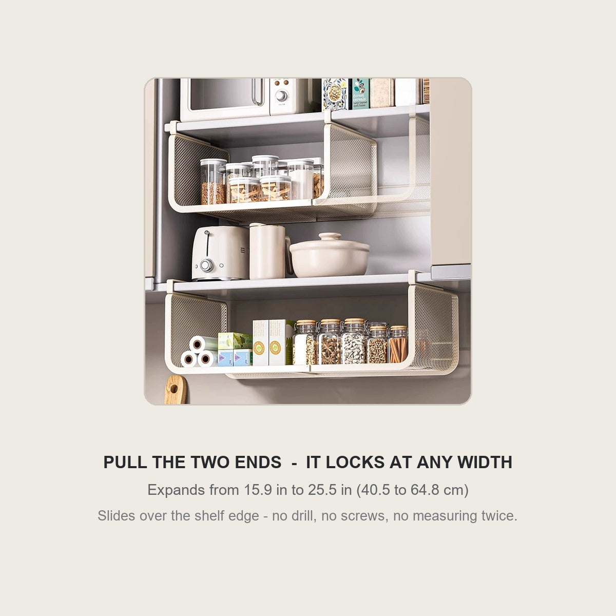 Pull the two ends of the hanging rack - it locks at any width from 15.9 to 25.5 in