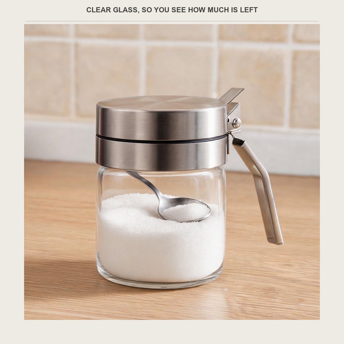 Salt level visible through the glass body of the spice jar