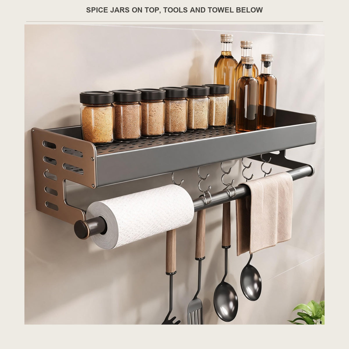 Spice jars and tins on the top tray with mugs and tools hanging underneath