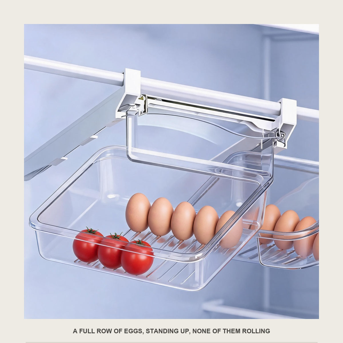 The under-shelf drawer holding a full row of eggs stood upright plus a few small tomatoes