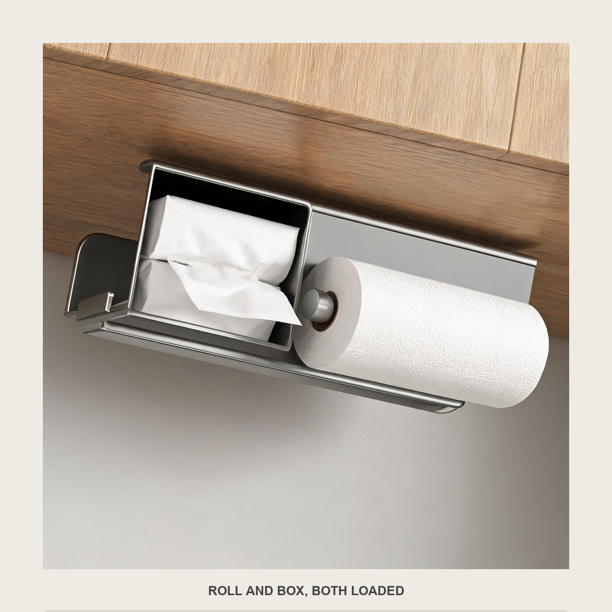 The paper holder loaded with both a kitchen roll and a box of tissues under a cabinet