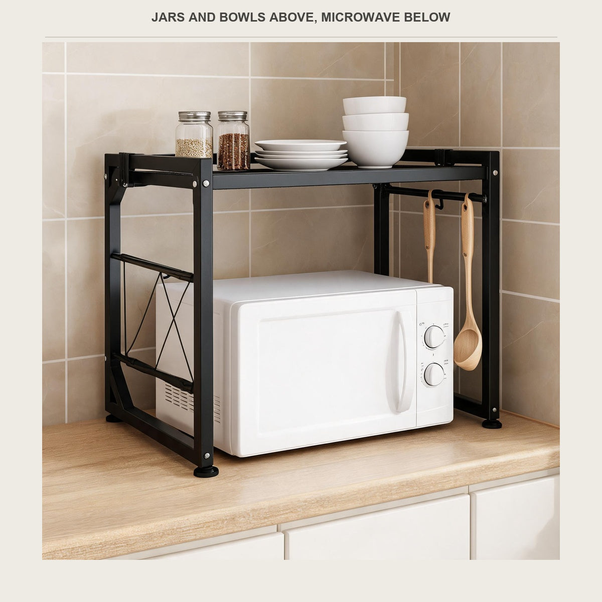 Glass jars and stacked bowls on the top shelf with the microwave below