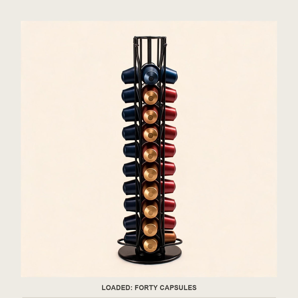 The capsule tower fully loaded with forty Nespresso Original capsules, one colour per column