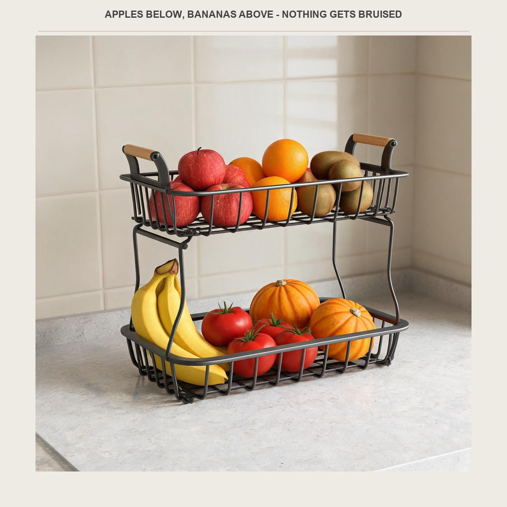 Both baskets loaded with apples, oranges, bananas and tomatoes