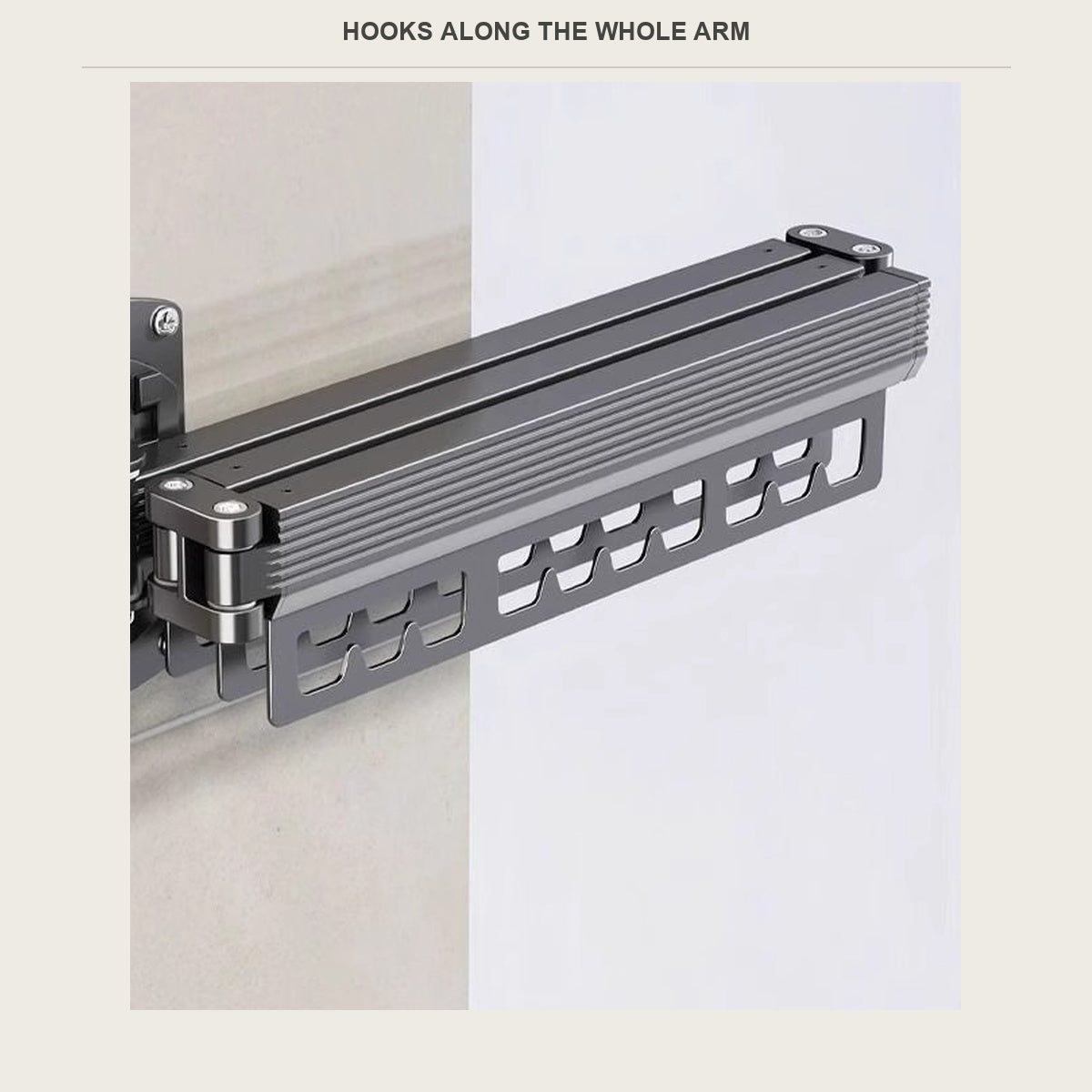 Close view of the hook slots on the aluminium drying arm