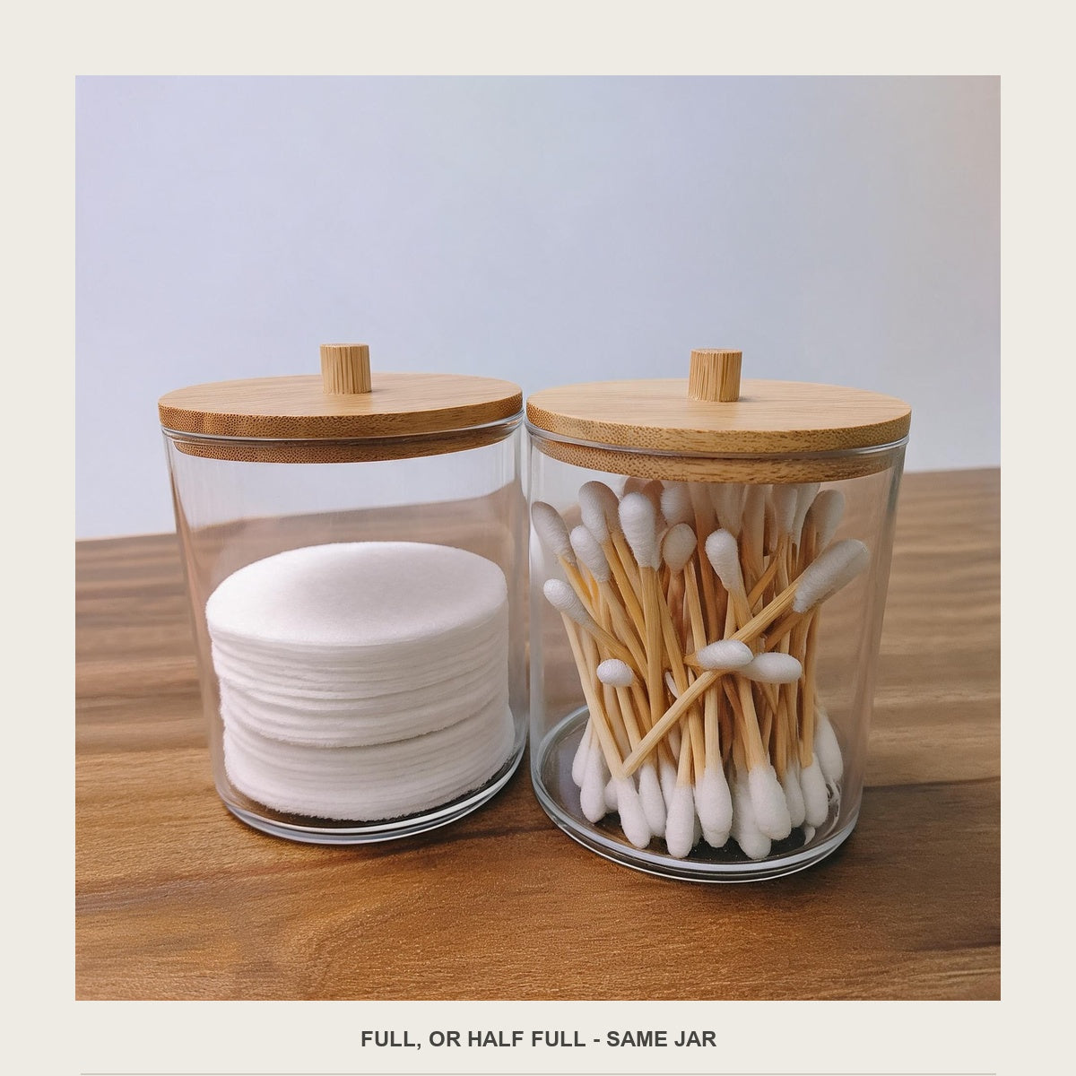 Two swab jars shown full, one packed with cotton swabs and one filled with round cotton pads