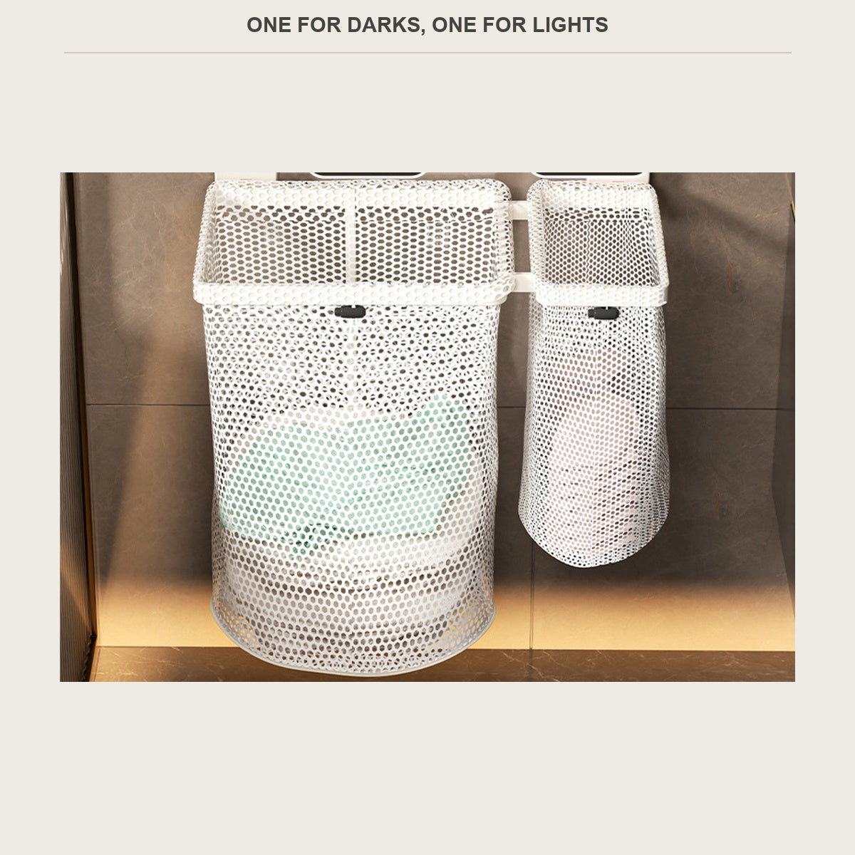 Large and small mesh laundry baskets hanging side by side on tile