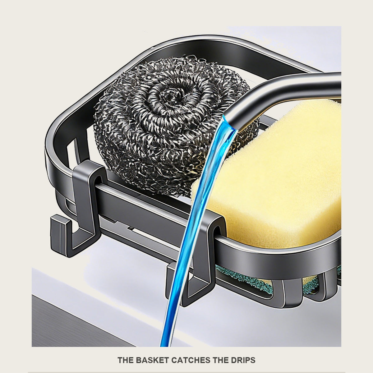 Drain basket holding a sponge and steel wool beside the sink