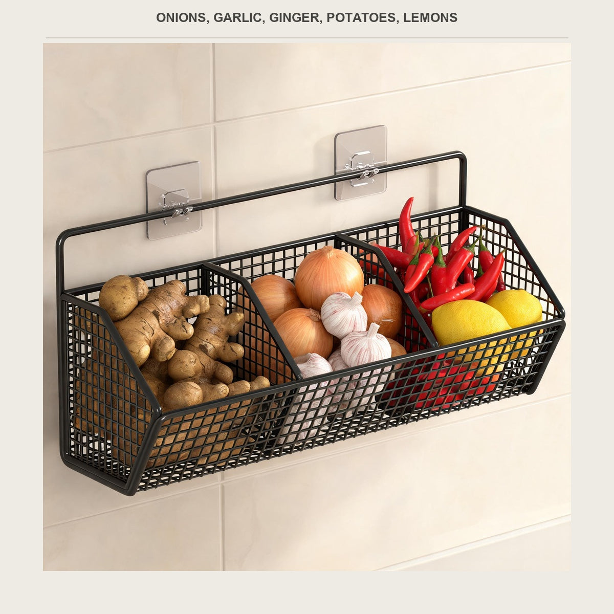 The basket loaded with ginger, potatoes, onion, garlic, chillies and lemons