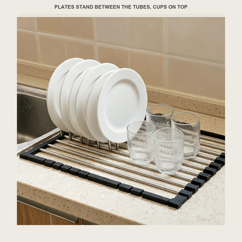 Plates standing between the square tubes with glasses and mugs on top