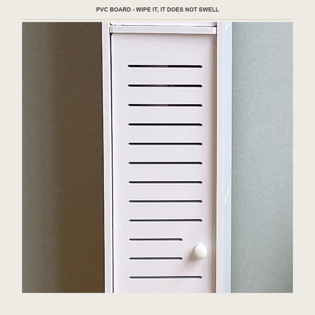 The louvered PVC door panel of the narrow bathroom floor cabinet