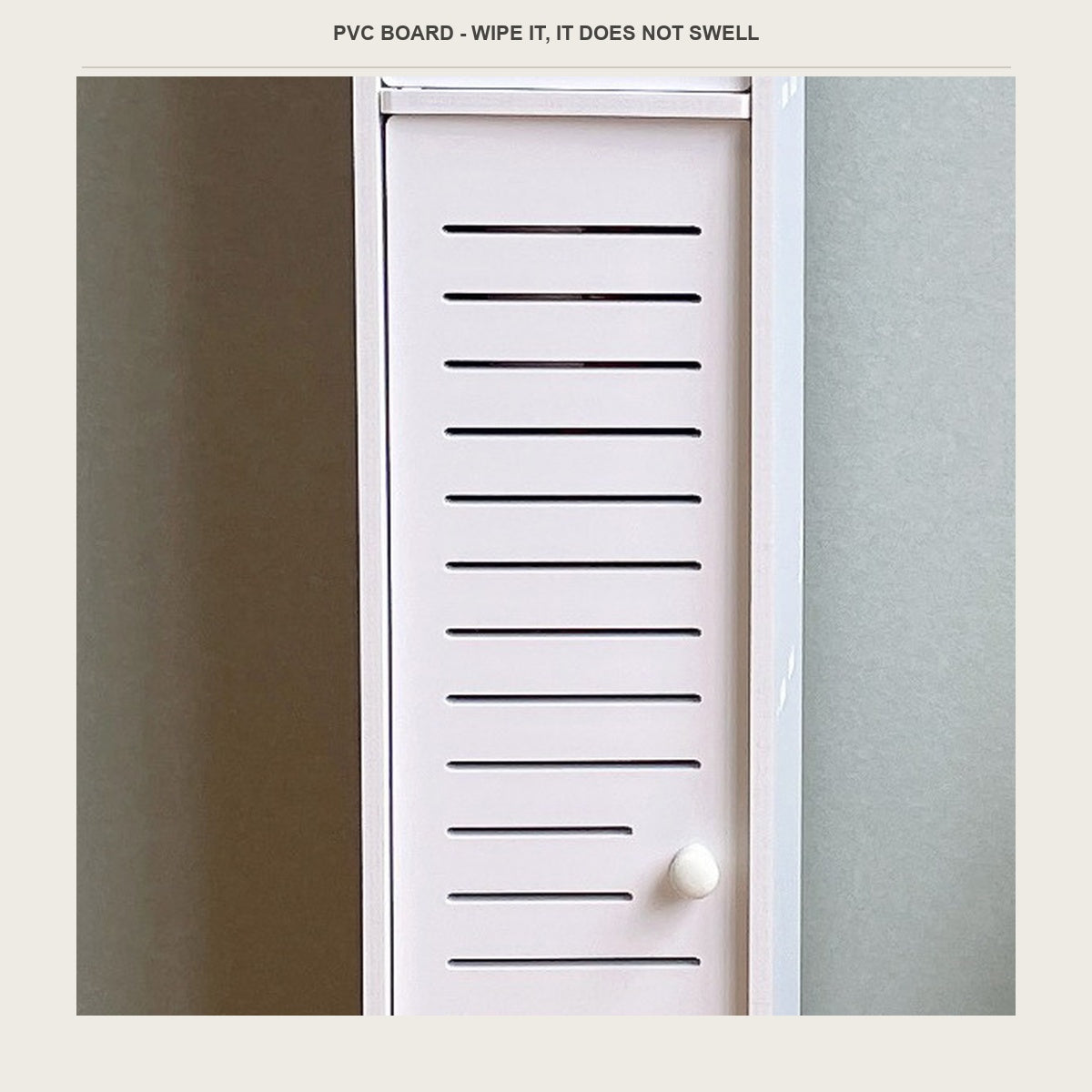 The louvered PVC door panel of the narrow bathroom floor cabinet
