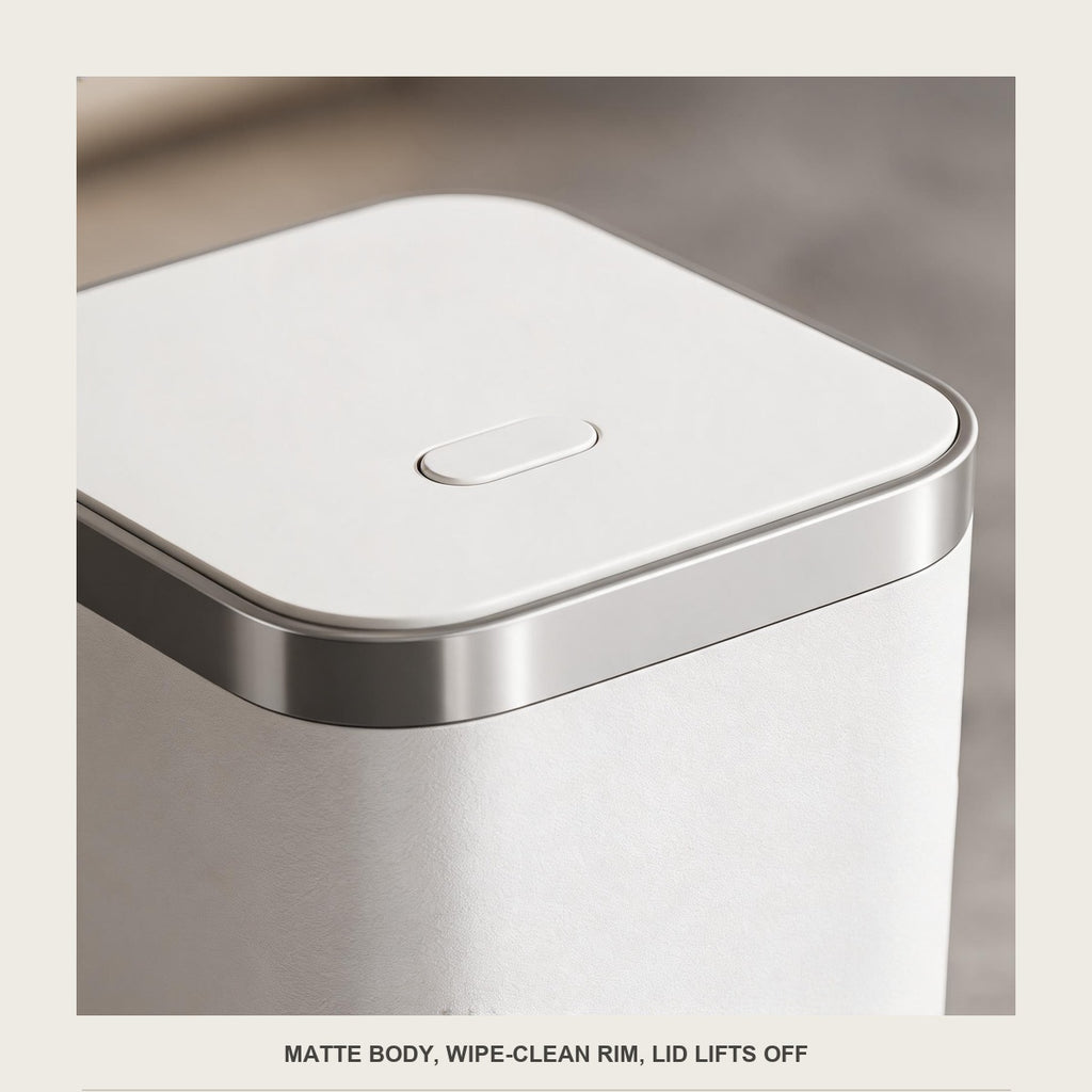 Macro of the matte off-white body meeting the grey rim at the top of the bin