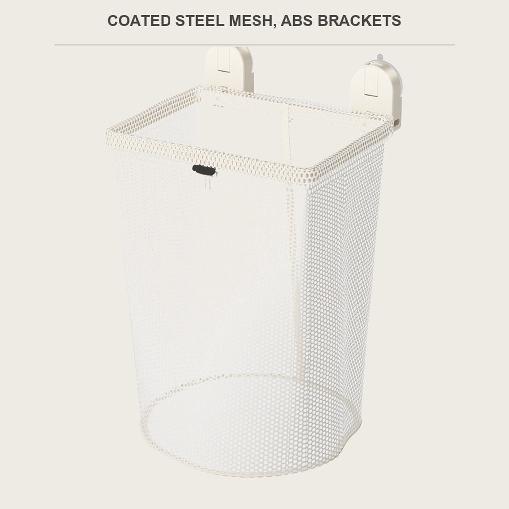 Cream mesh laundry hamper with its two ABS suction brackets, on a light background