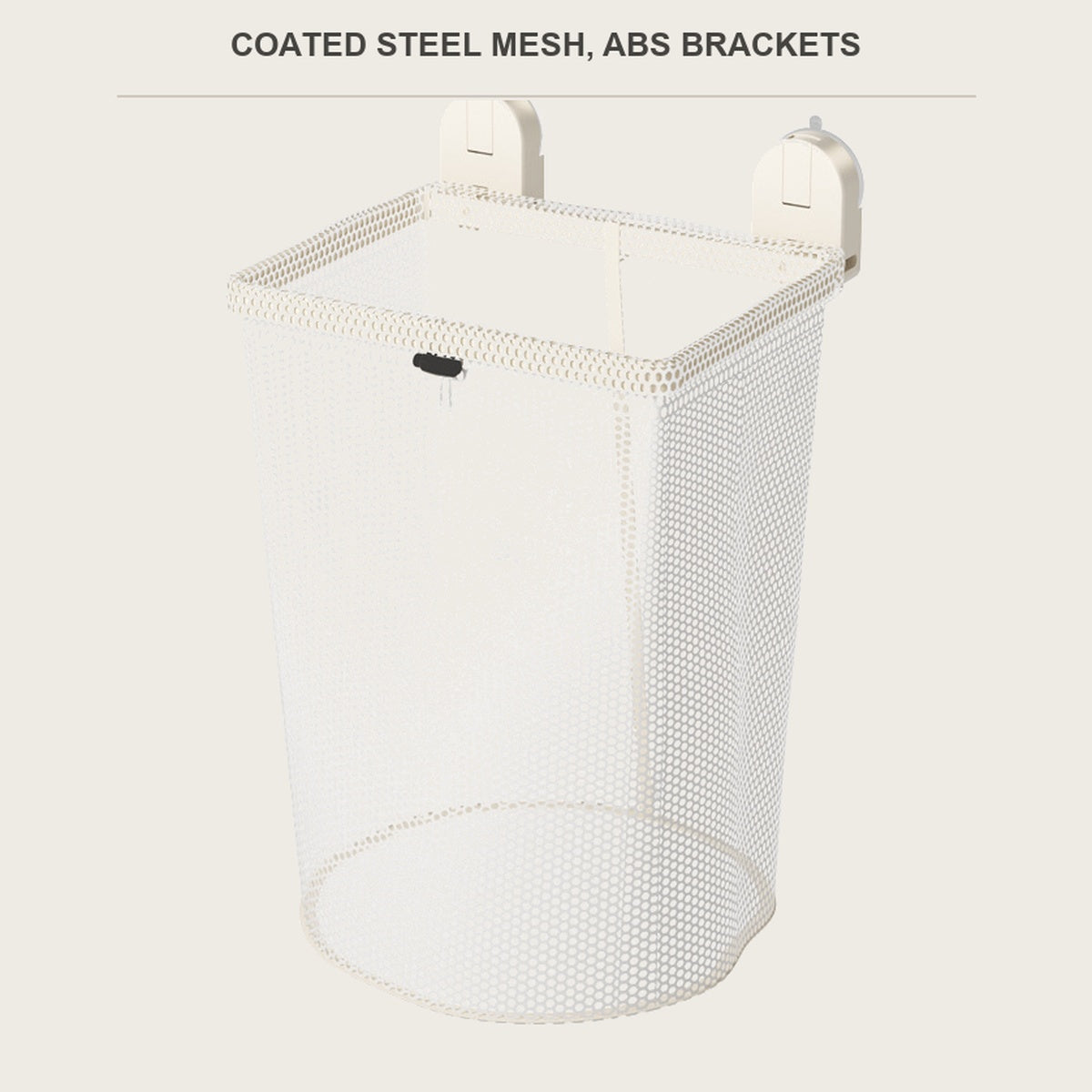 Cream mesh laundry hamper with its two ABS suction brackets, on a light background