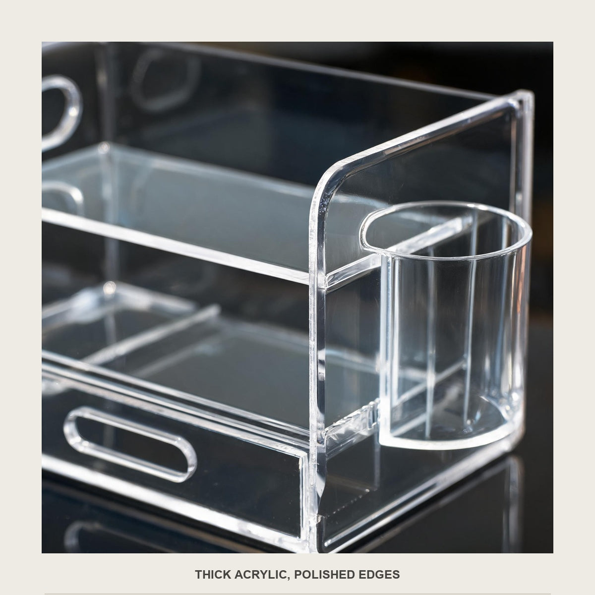 Close-up of the thick acrylic panel, polished edge and the cut-out drawer handle