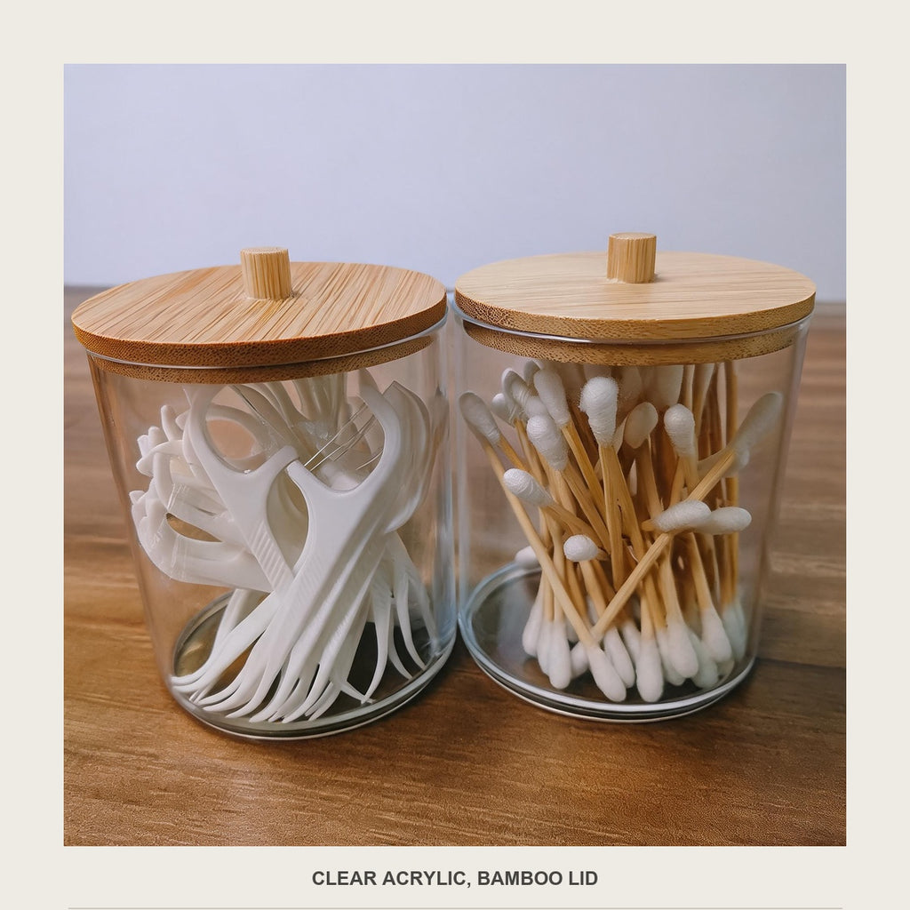 Close-up of the acrylic jar rim and the bamboo lid grain on a cotton swab jar