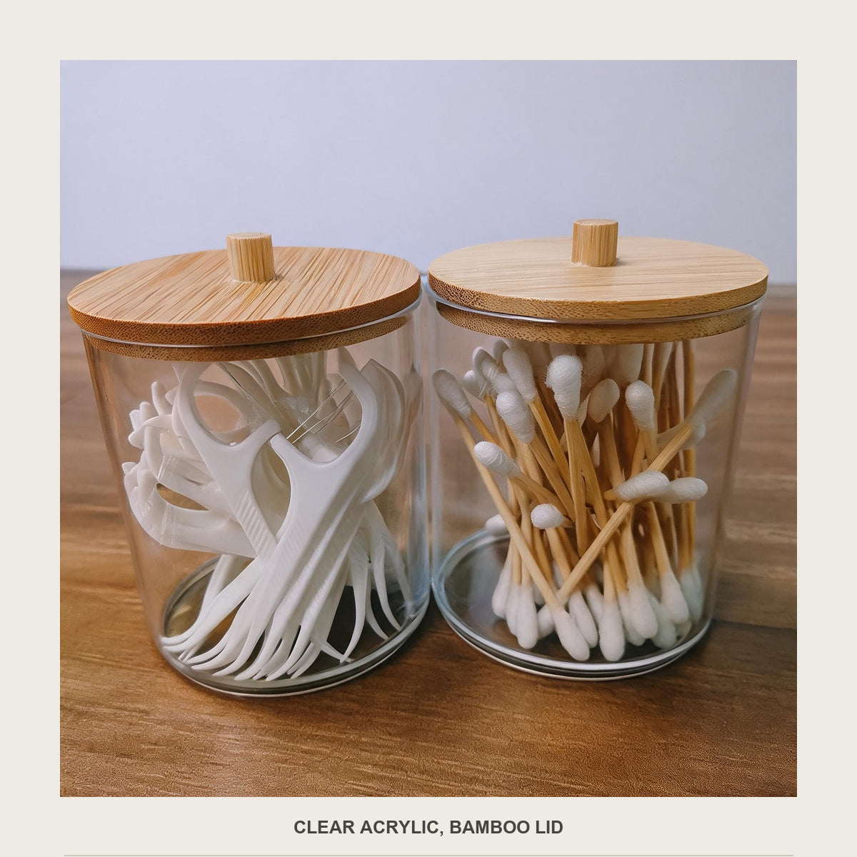 Close-up of the acrylic jar rim and the bamboo lid grain on a cotton swab jar