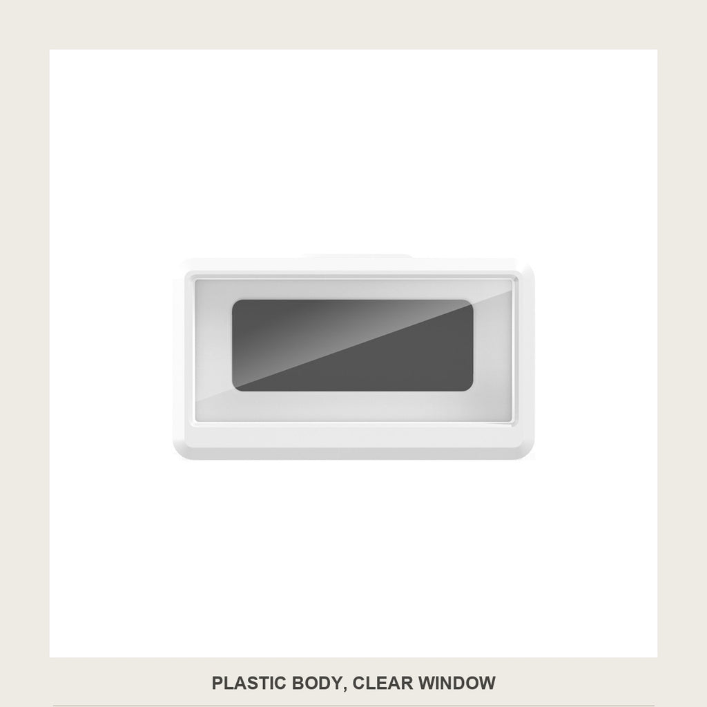 White plastic body and clear window of the phone box