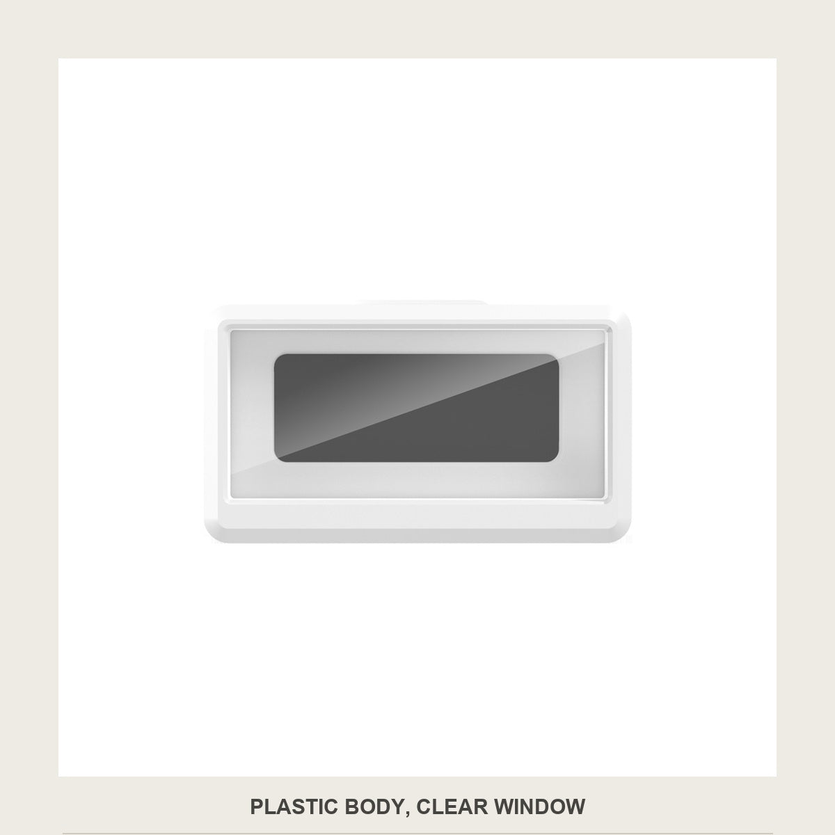 White plastic body and clear window of the phone box