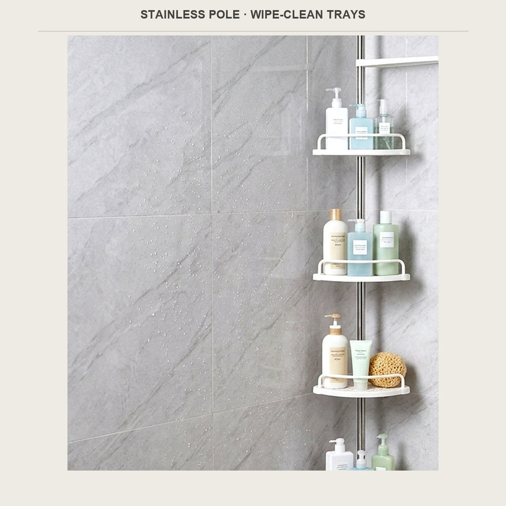 Stainless steel pole and wipe-clean corner trays, close up