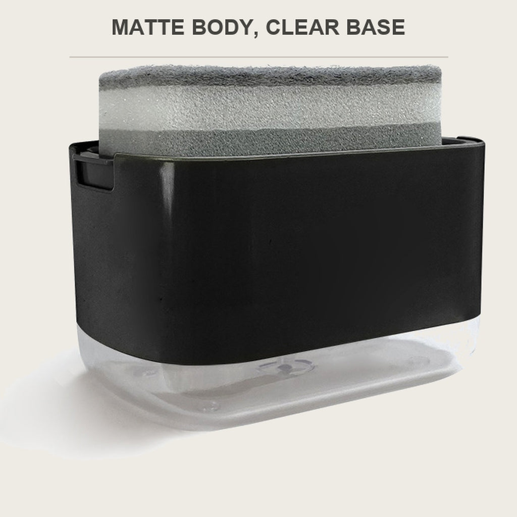 Black soap dispenser box with clear base on a light background