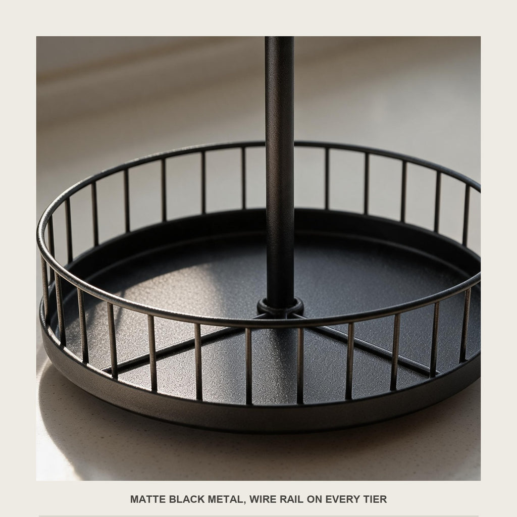 Macro of the matte black tray edge and the wire rail around it
