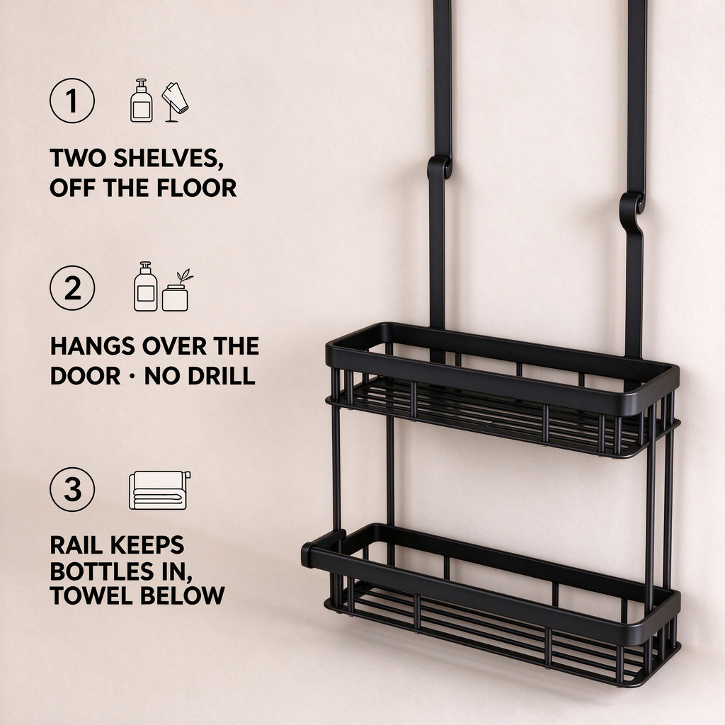 Three points: two shelves off the floor, hangs over the door with no drilling, front rail keeps bottles in