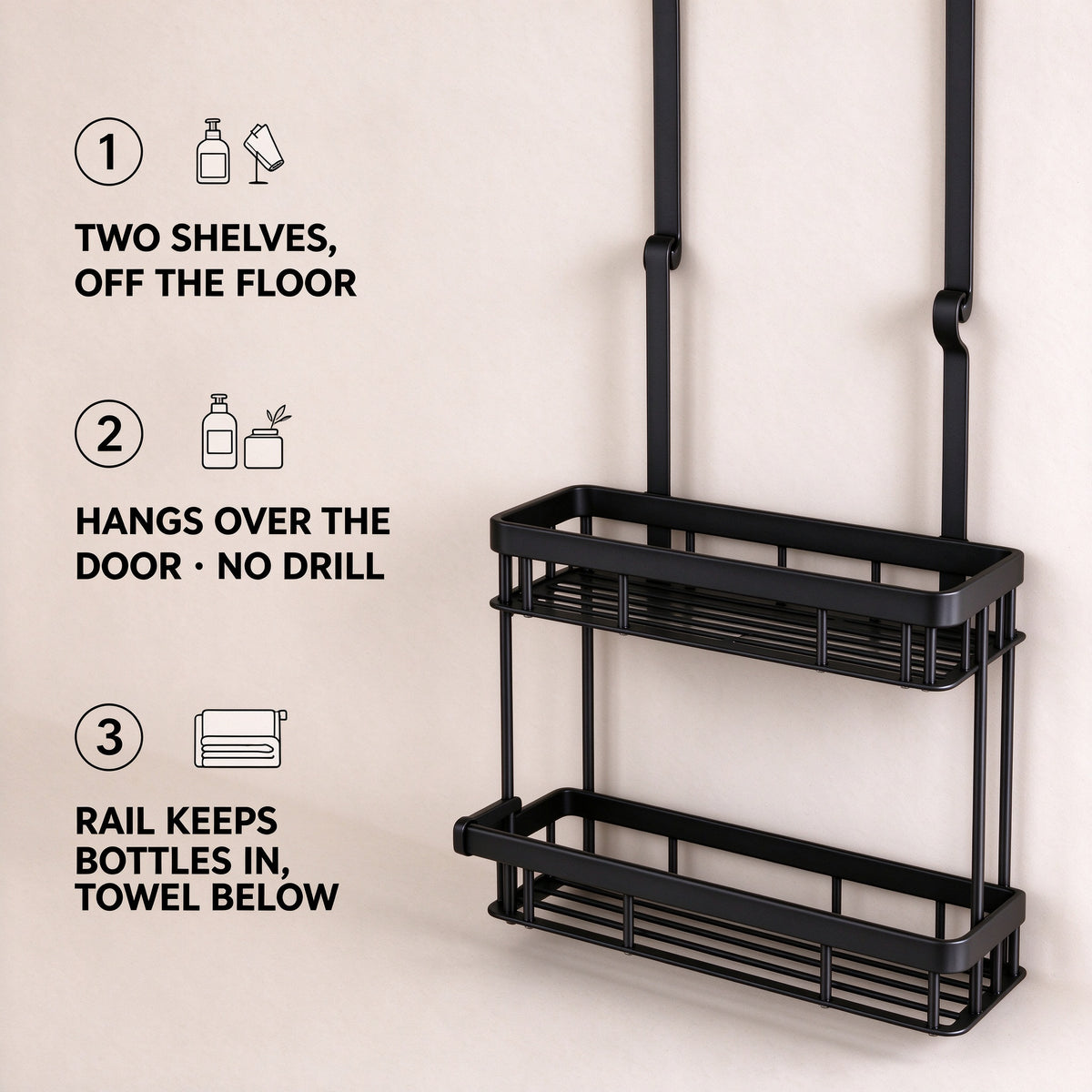 Three points: two shelves off the floor, hangs over the door with no drilling, front rail keeps bottles in